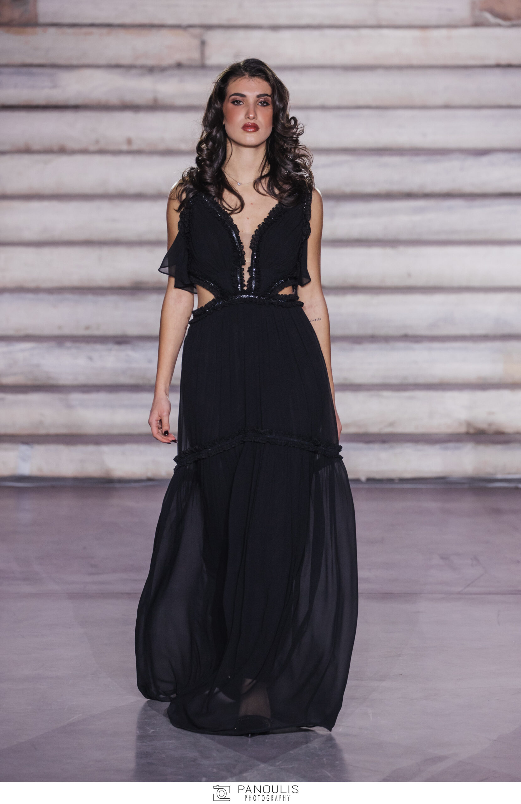 Off-Shoulder Chiffon Maxi Dress with Gold Trim