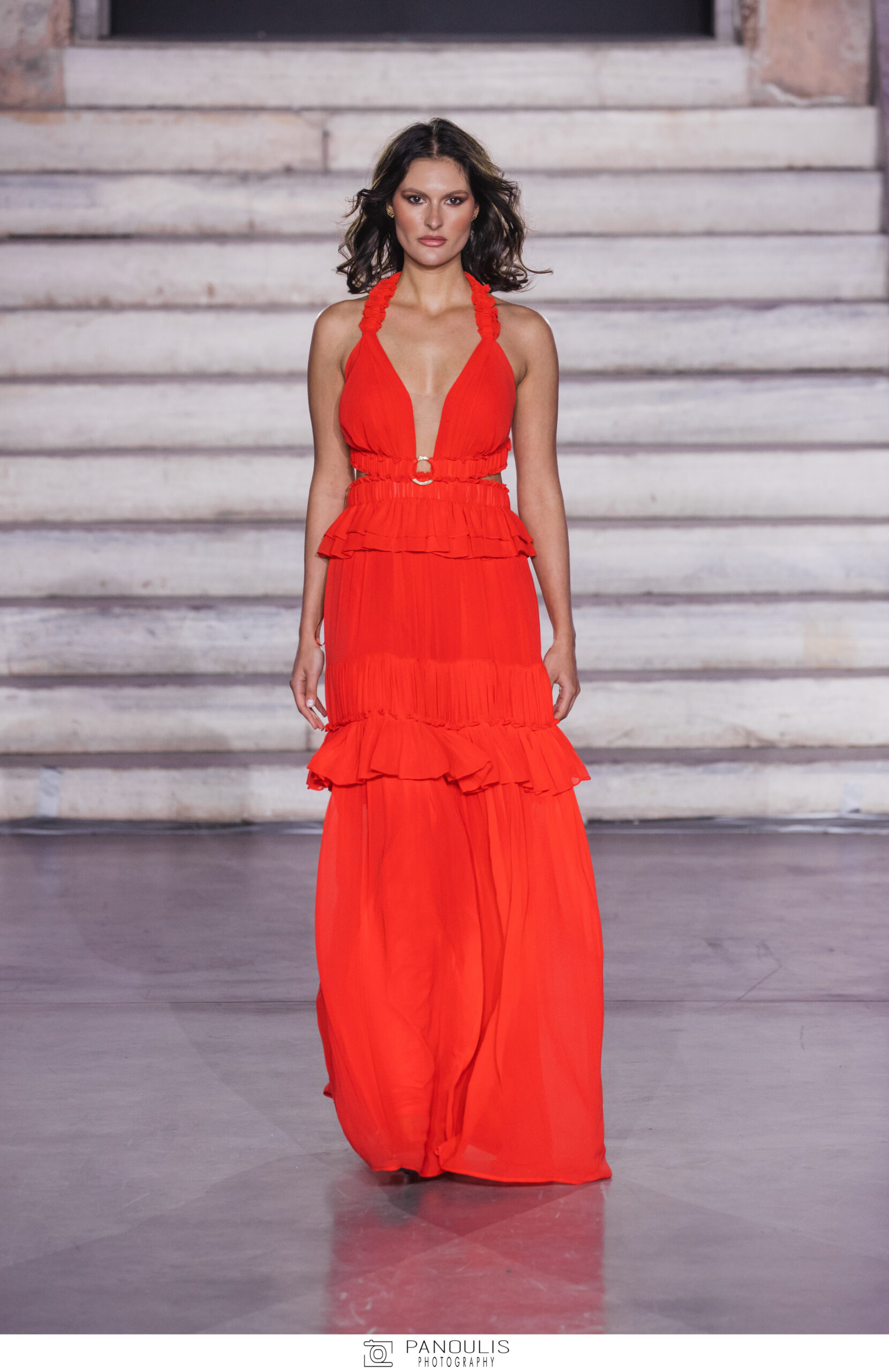 Halter Neck Maxi Dress with Ruffles and Deep V-Neck