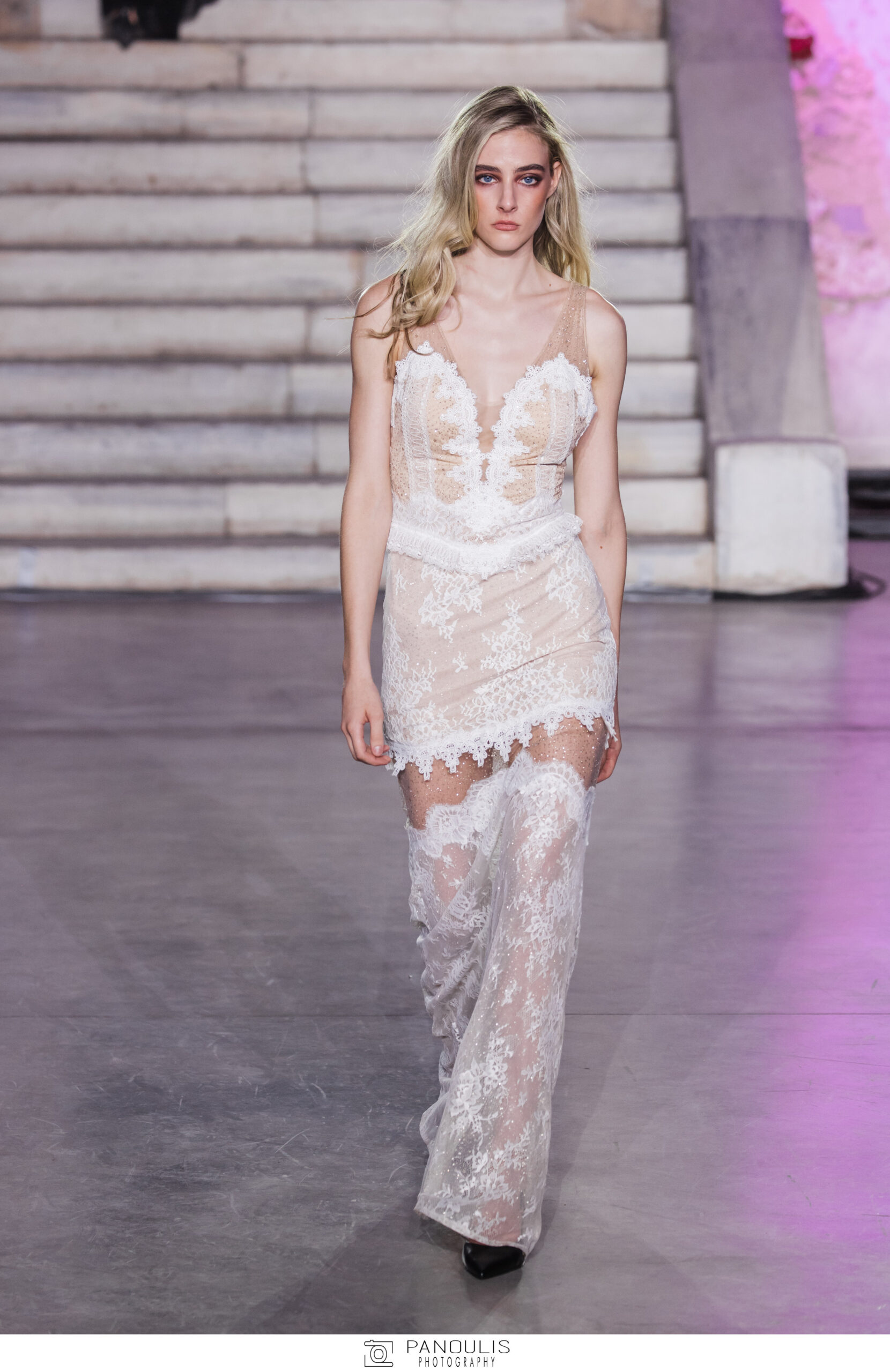 Maxi Dress with White Lace, Sheer Sparkling Fabric, and Built-In Bustier