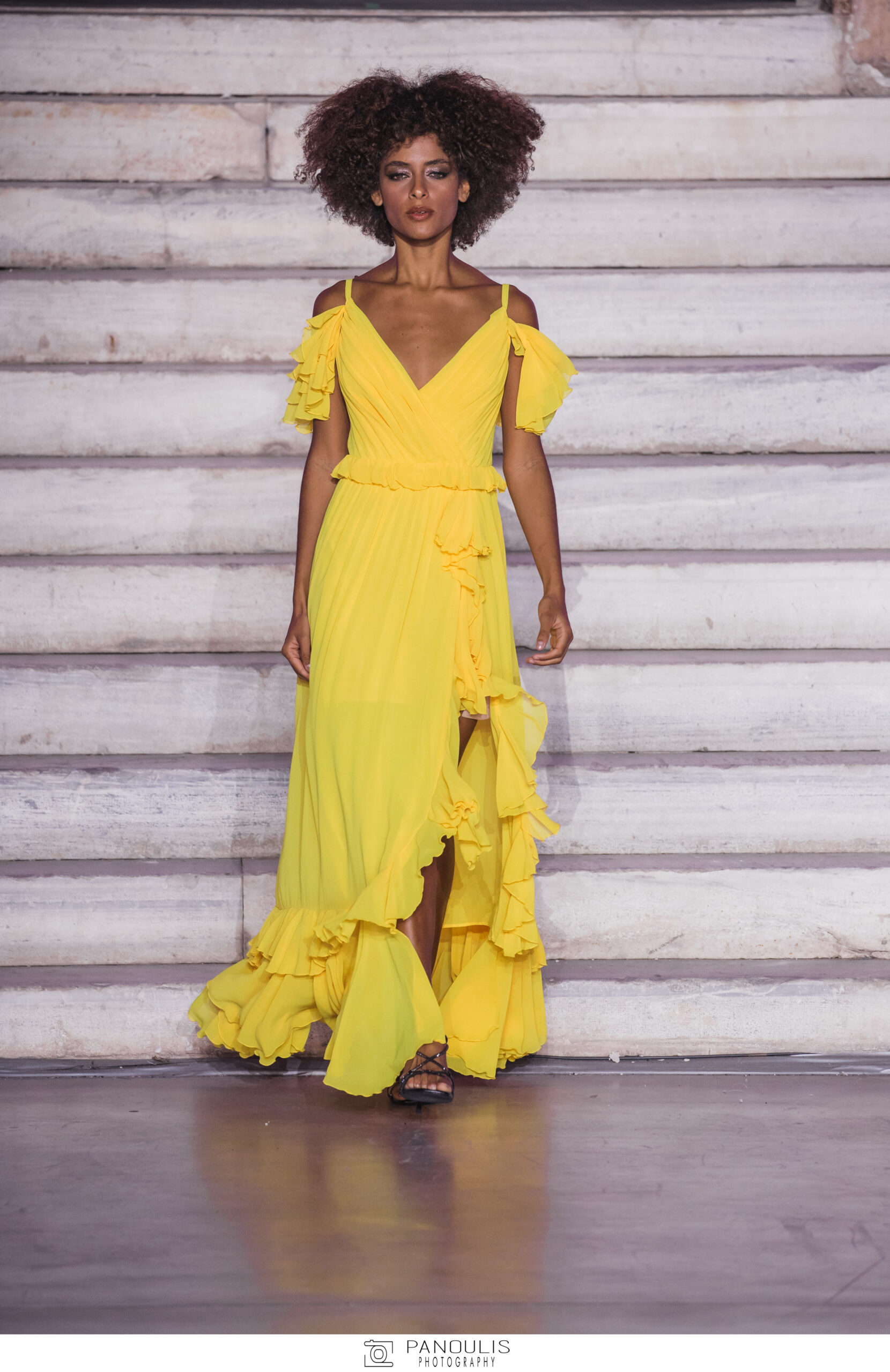 Off-Shoulder Maxi Dress with Ruffles and Thigh-High Slit