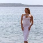 One-Shoulder Midi Dress with Ruching and Metal Accent